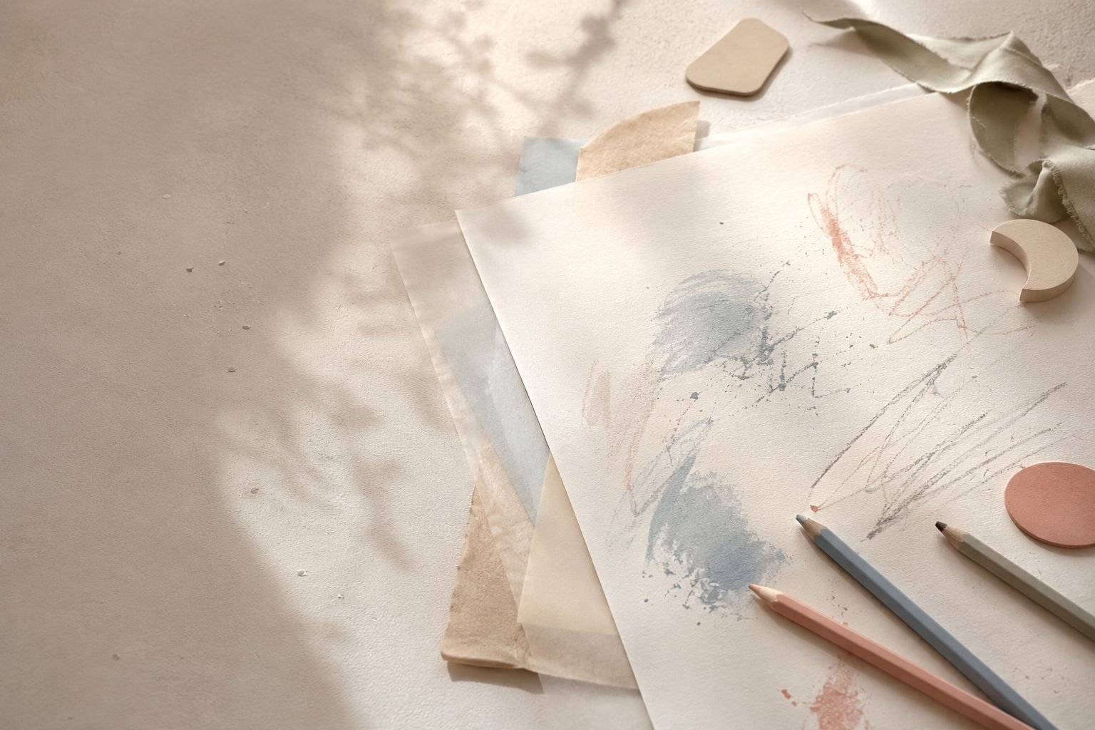 Papéis sobrepostos com marcas abstratas, lápis de cor e pequenas formas sob luz natural.